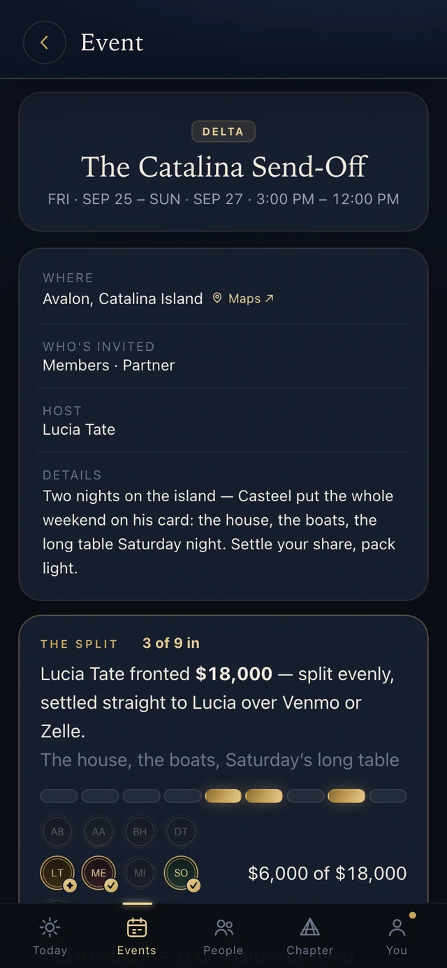 An event detail: where, who's invited, host, details, and the Split showing $6,000 of $18,000 settled