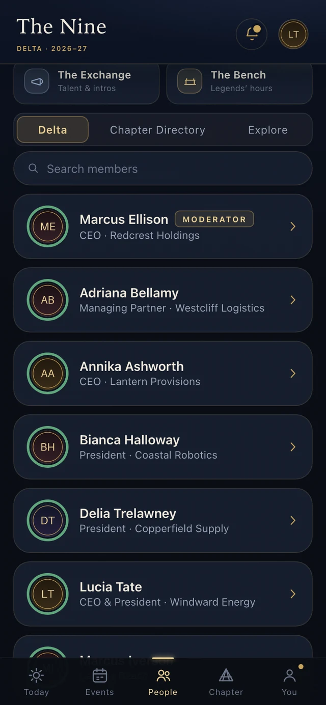 The people directory: the forum's members with roles, companies, and the chapter directory a tab away
