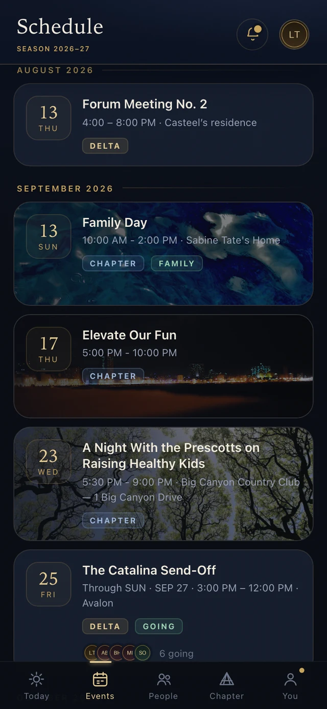 The Schedule: the season's events with artwork, hosts, going chips, and attendee avatars