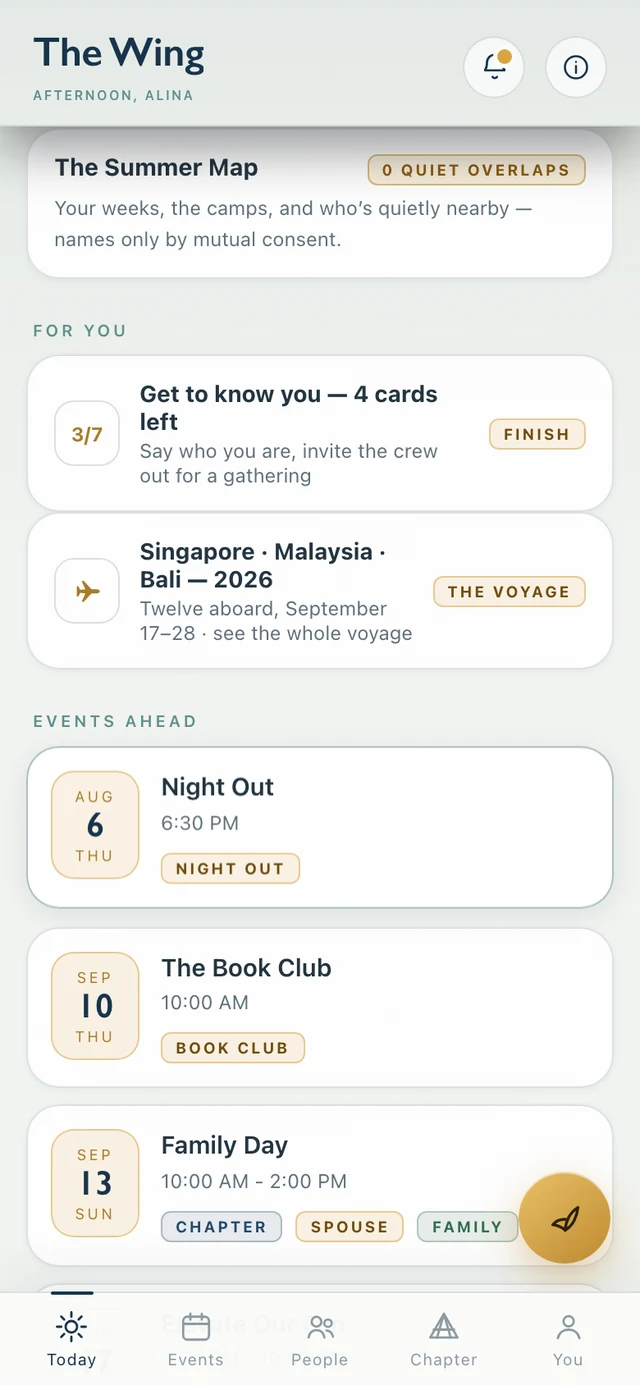 The Wing: the spouses' daylight home with the summer map, get-to-know-you cards, the voyage, and events ahead