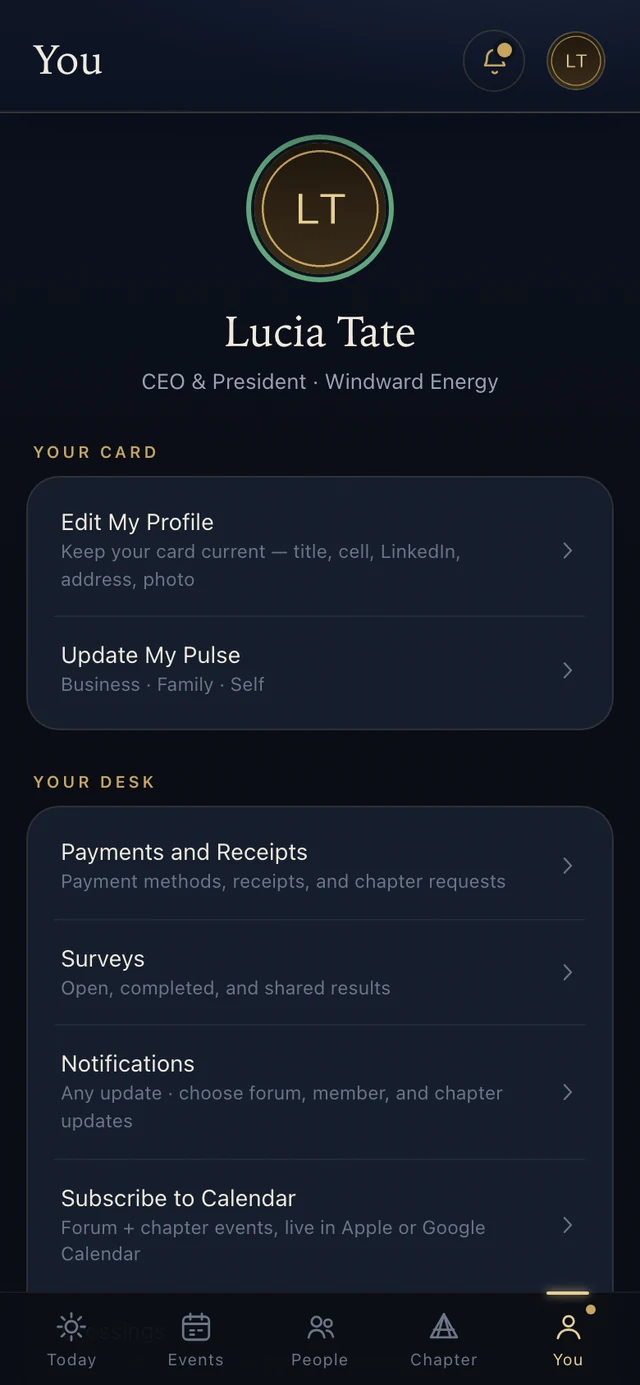 The You space: profile card, pulse, payments and receipts, surveys, notifications, calendar subscription