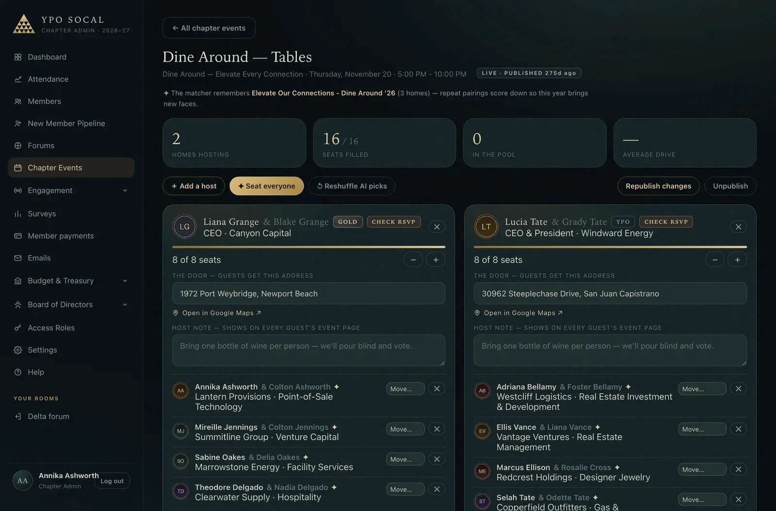 The Dine Around Tables builder: live counts, Seat everyone and Reshuffle AI picks, host cards with doors, notes, and seated households