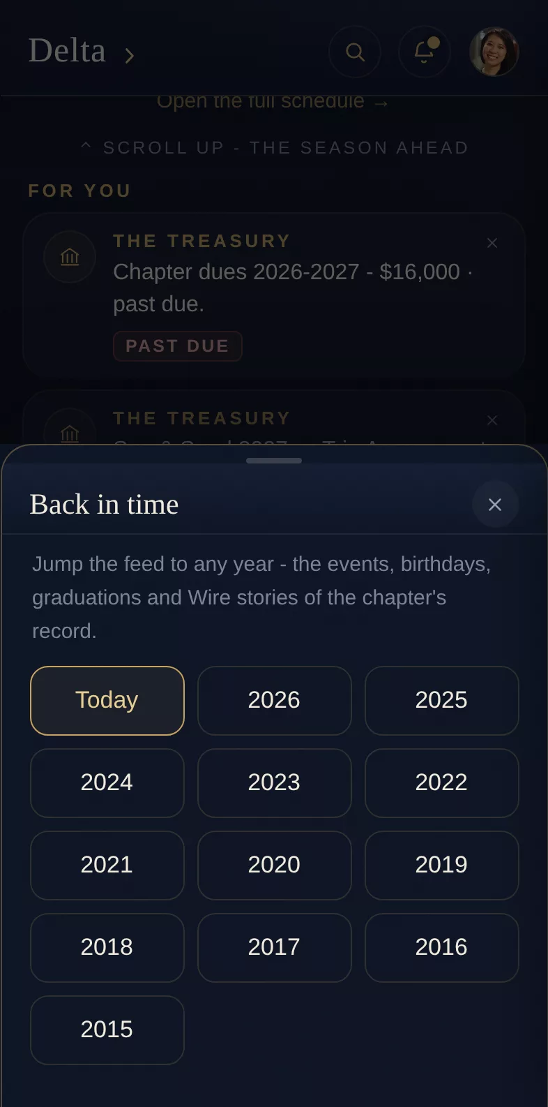 On-this-day cards bringing the chapter's past years back into the feed